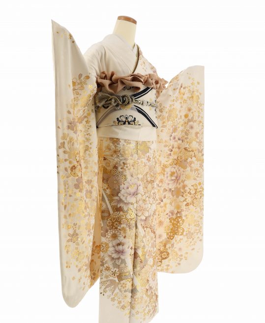 参列振袖[キレイ系]白にベージュゴールド藤色の花と毬[身長170cmまで]No.1099